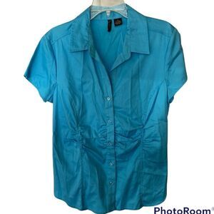 Blue Button Down Blouse with Figure Flattering Fit - Size XL